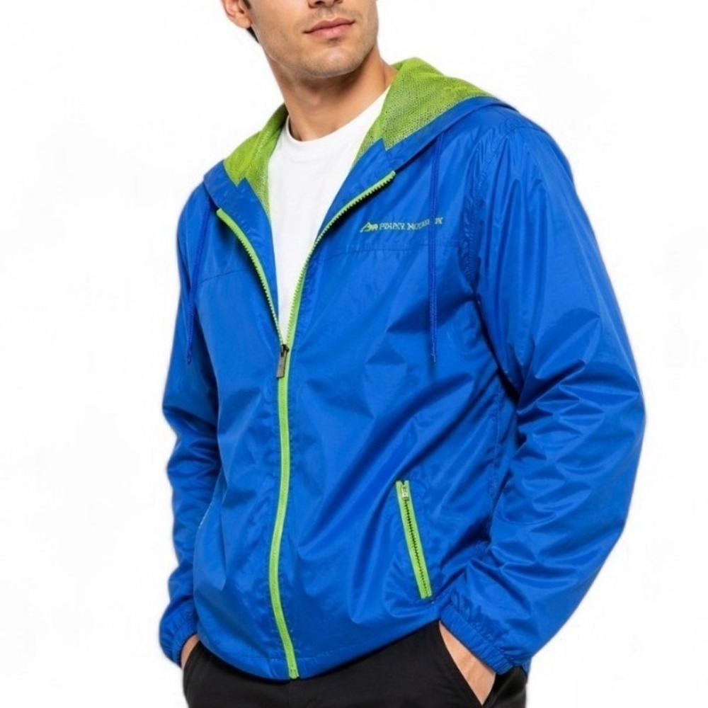 Prairie Mountain XXL Blue Hooded Windbreaker Jacket Neon Zip Lightweight